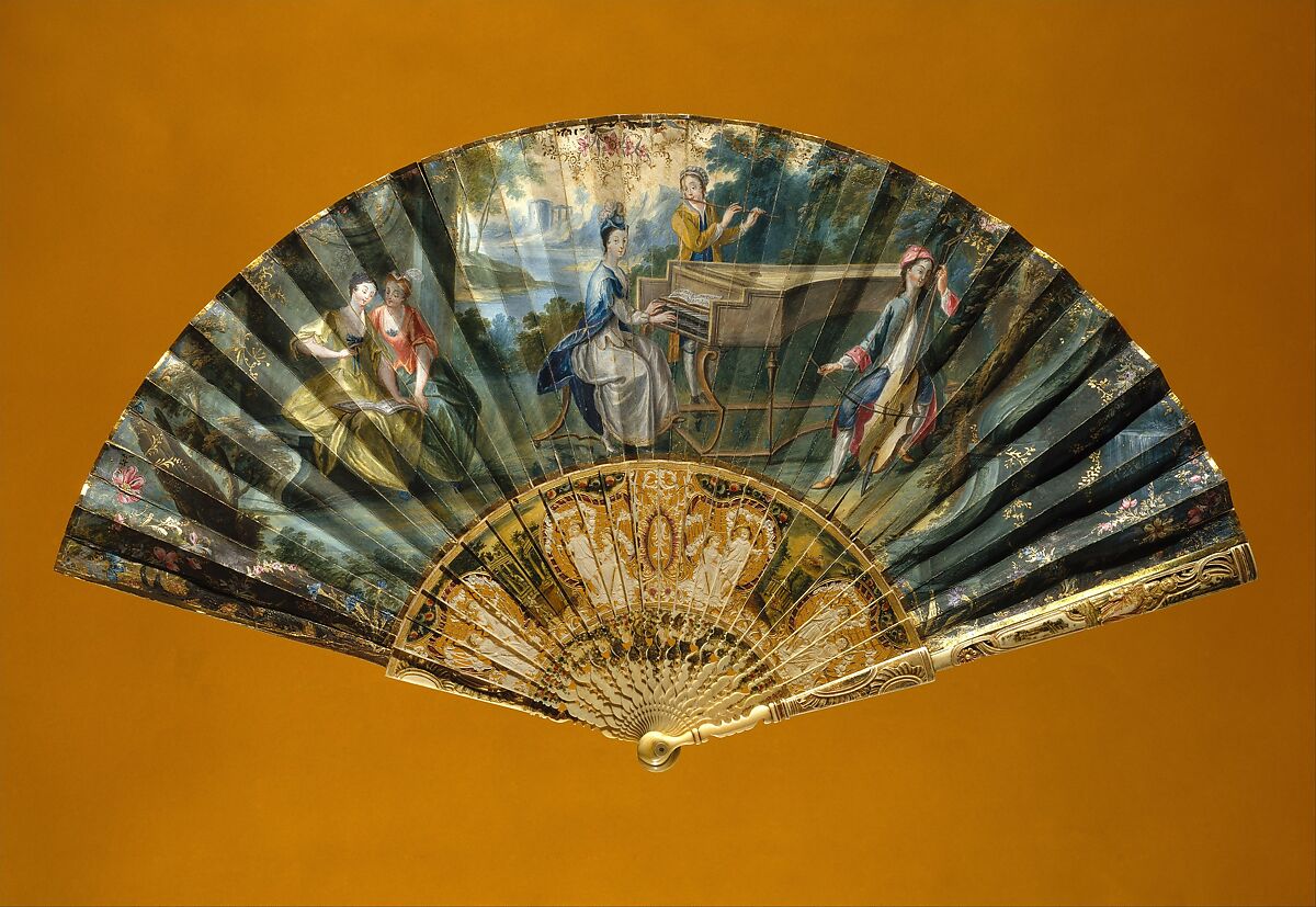 Fan, ivory, paper, gouache, mother-of-pearl, European