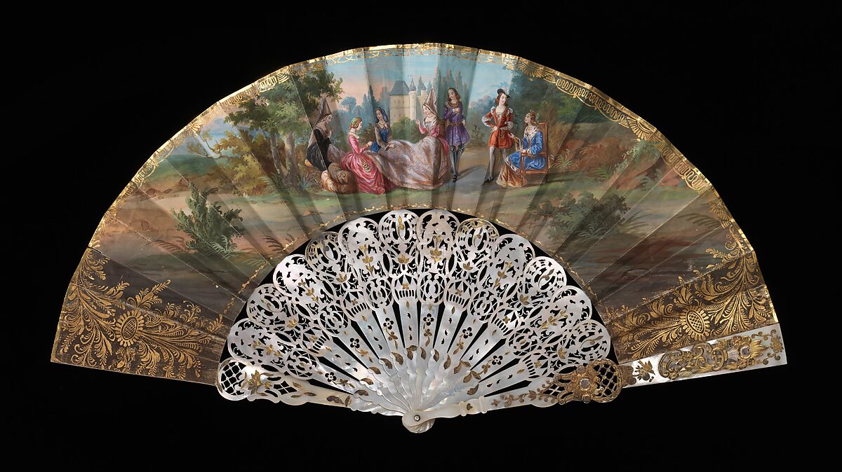 Fan, mother-of-pearl, paper, gouache, metal, European