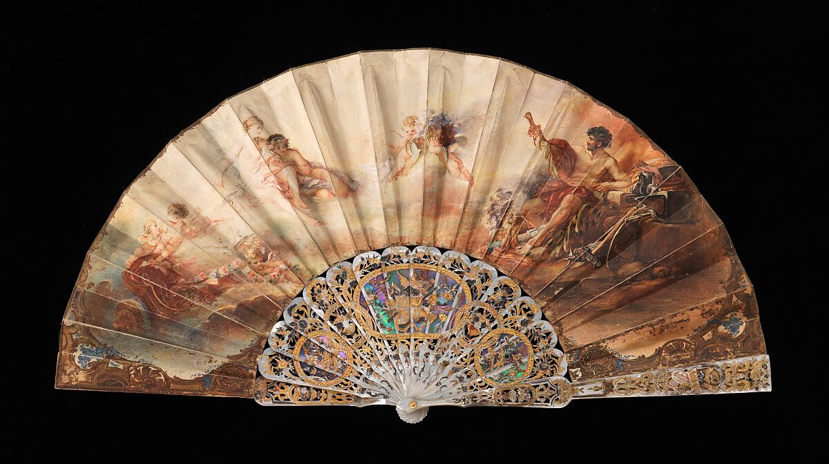 Fan, mother-of-pearl, parchment, gouache, metal, probably Italian 