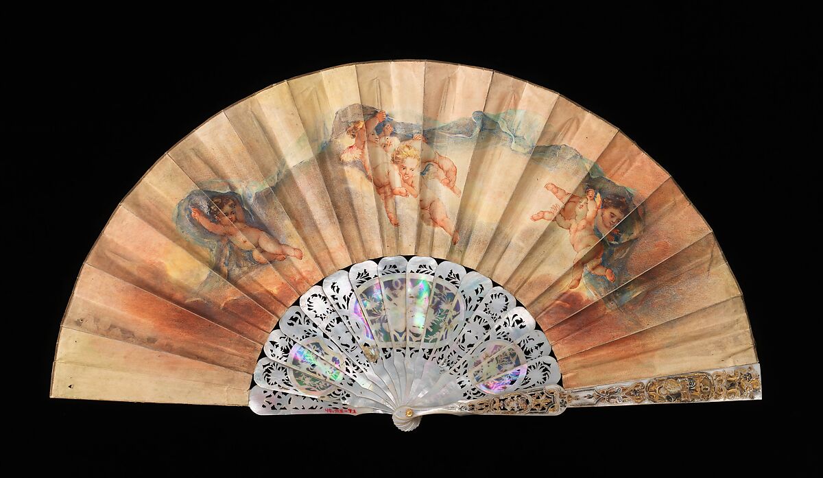 Fan, mother-of-pearl, parchment, gouache, metal, probably Italian