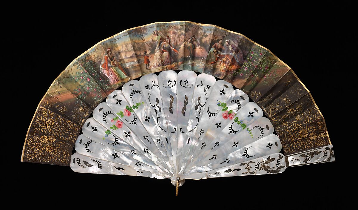 Fan, mother-of-pearl, paper, gouache, metal, European