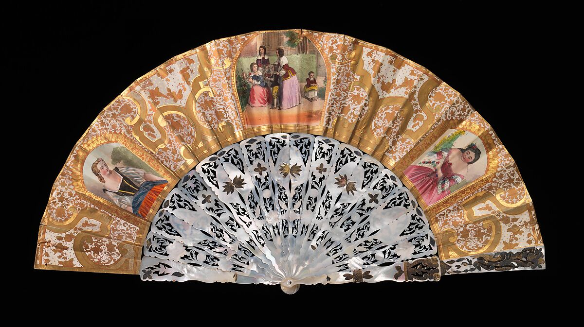 Fan, mother-of-pearl, paper, gouache, European