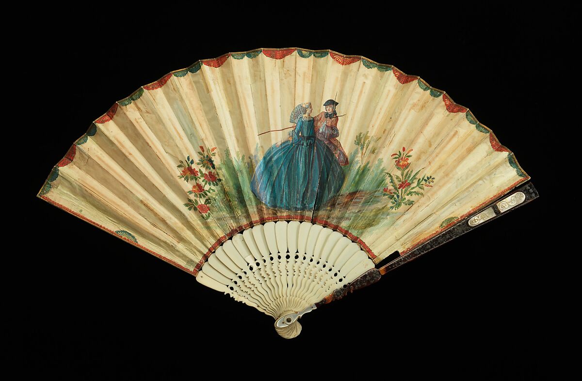 Fan, ivory, mother-of-pearl, paper, gouache, tortoiseshell, metal, probably Chinese