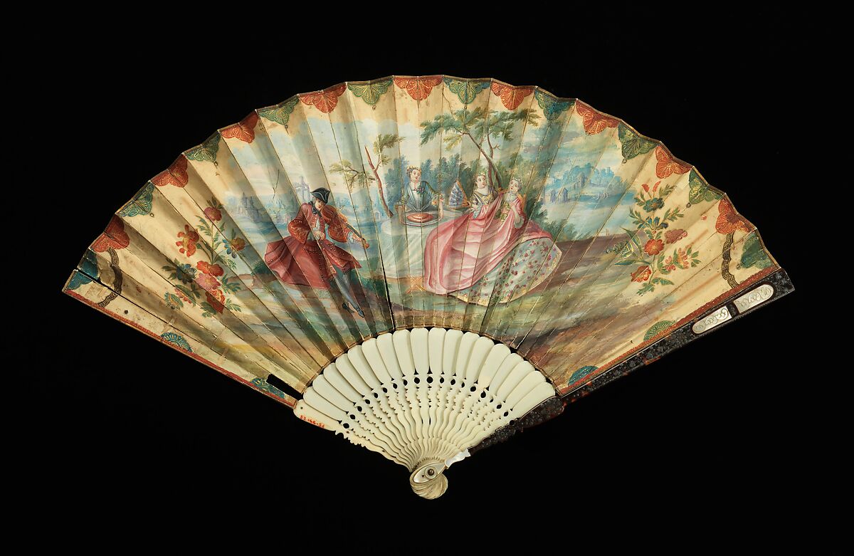 Fan, ivory, mother-of-pearl, parchment, gouache, tortoiseshell, metal, probably Chinese 
