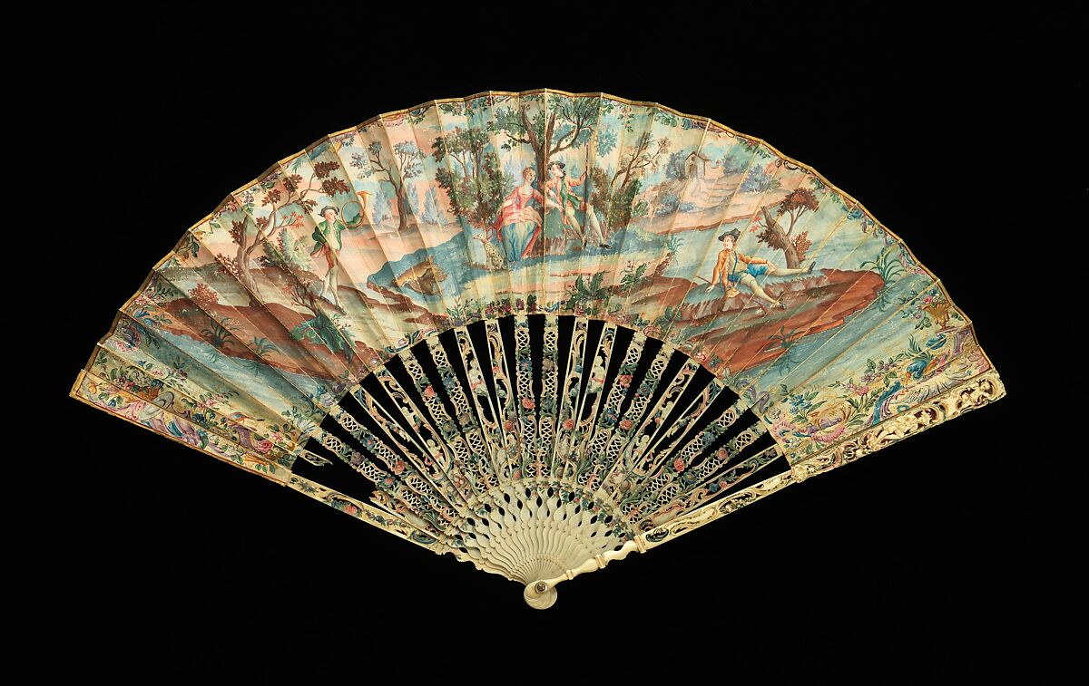 Fan, ivory, mother-of-pearl, paper, gouache, paint, metal, French 