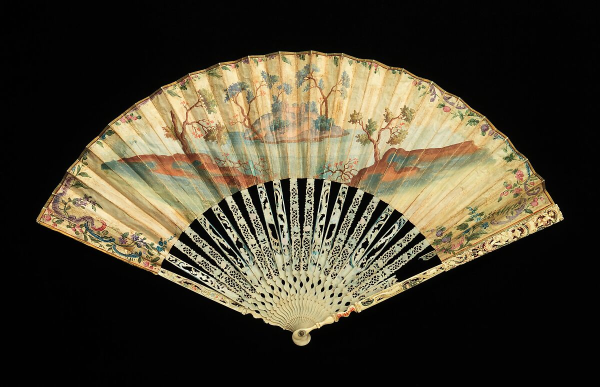 Fan, ivory, mother-of-pearl, paper, gouache, paint, metal, French
