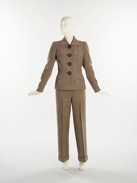 Pantsuit, Schiaparelli (French, founded 1927), wool, leather, French 