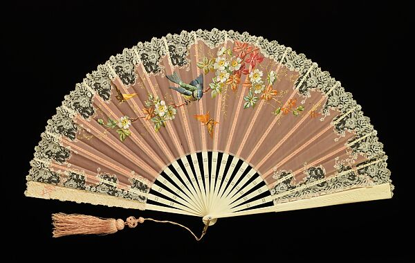 Fan, ivory, silk, paint, mother-of-pearl, metal, American or European 