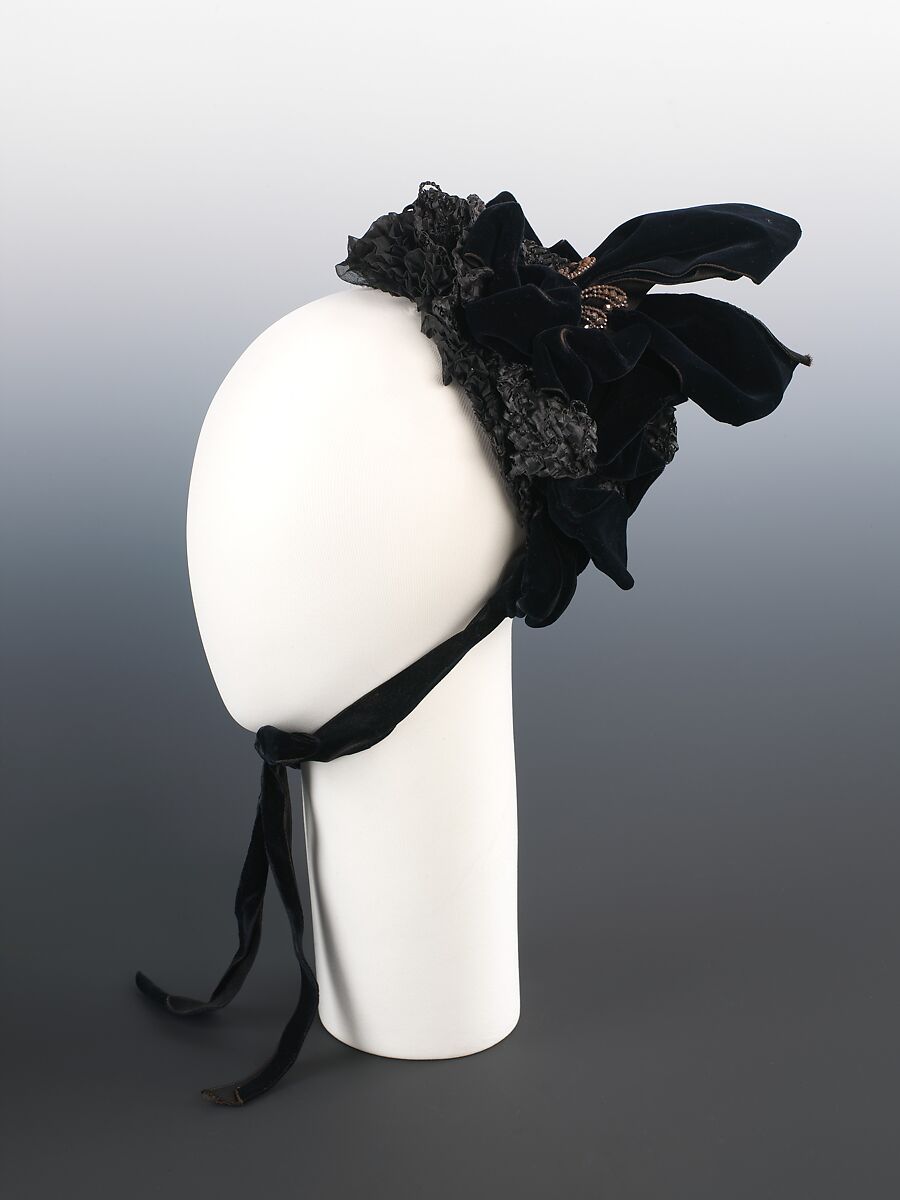 Evening bonnet, Healy, straw, silk, metal, American 