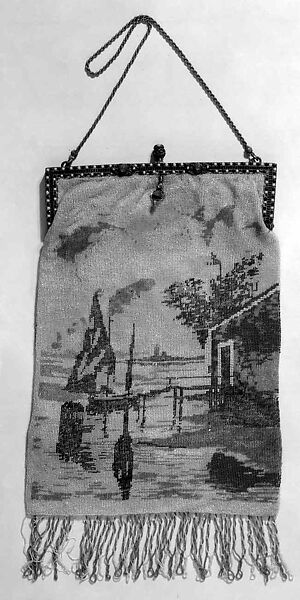 Evening purse, glass, metal, linen, silk, probably French
