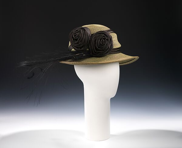 Cloche, straw, silk, feathers, American 