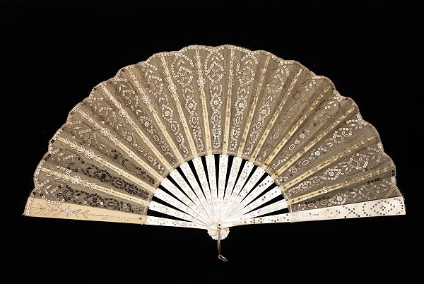 Fan, mother-of-pearl, metal, silk, probably French 