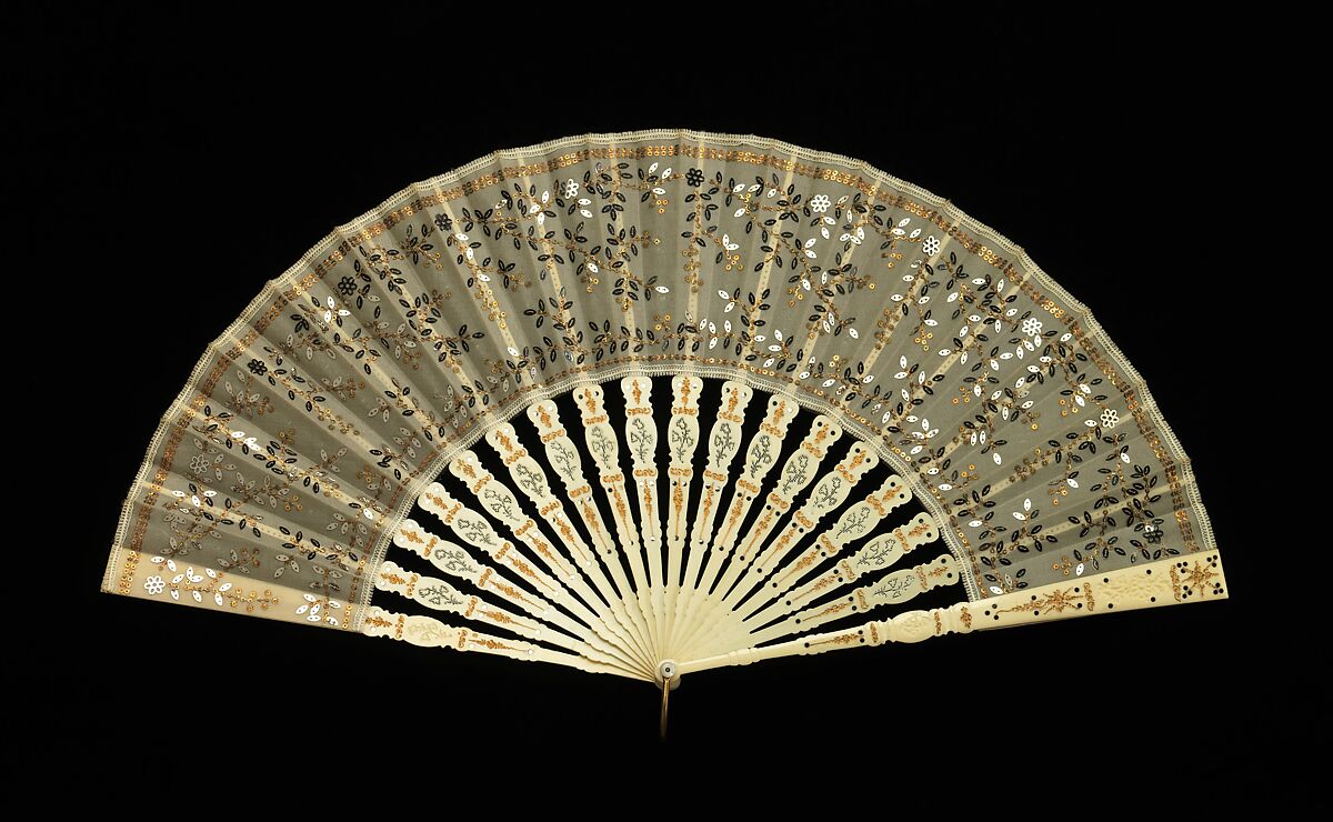 Fan, ivory, metal, silk, mother-of-pearl, French 
