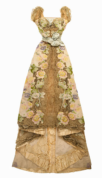 Evening dress, House of Worth (French, 1858–1956), silk, cotton, rhinestones, metal, French