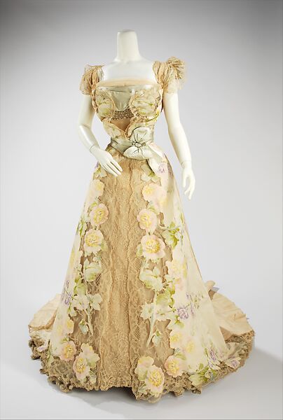 Evening dress, House of Worth (French, 1858–1956), silk, rhinestones, metal, French 