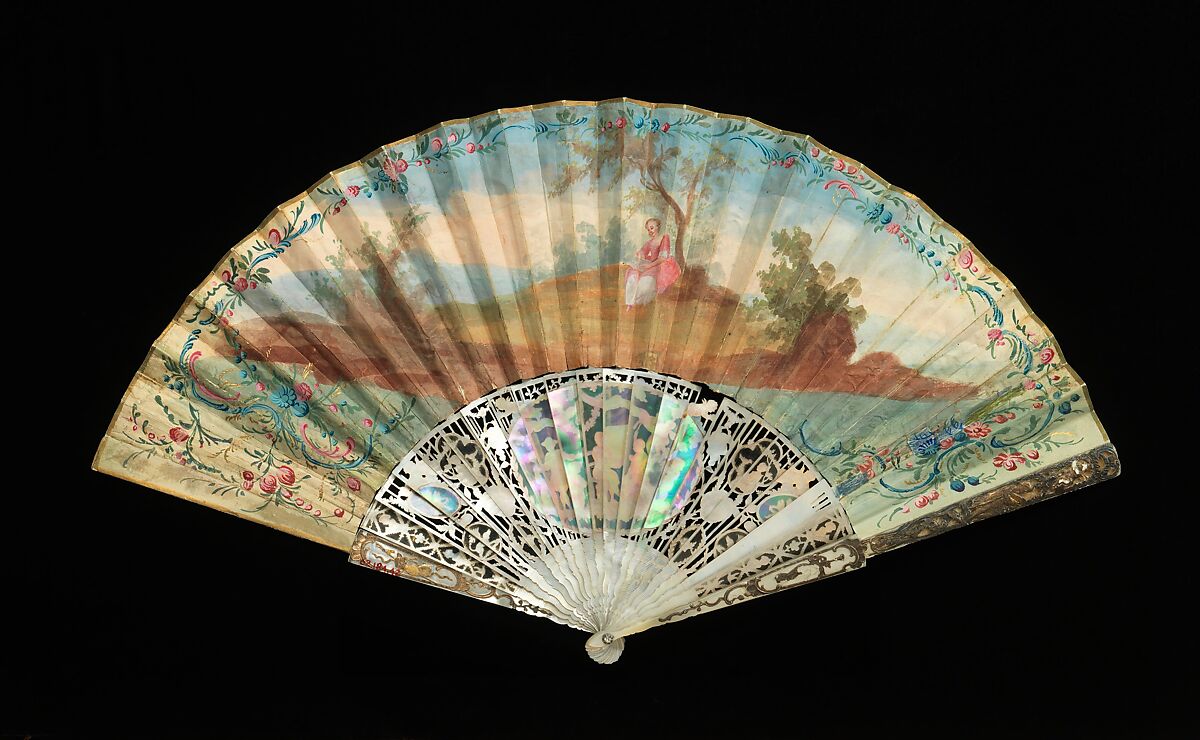 Fan, mother-of-pearl, paper, gouache, metal, probably French