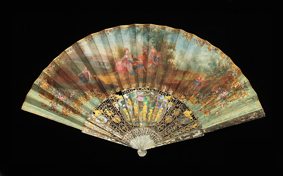 Fan, mother-of-pearl, paper, gouache, metal, probably French 
