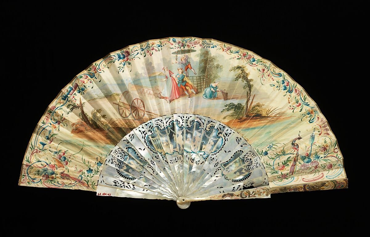 Fan, mother-of-pearl, paper, gouache, paint, metal, probably French