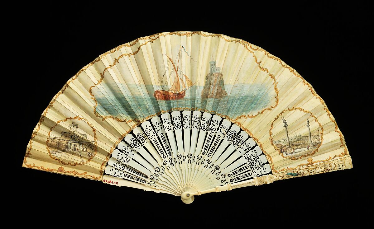 Fan, Robert Delamotte, ivory, paper, parchment, paint, glass, wood, British
