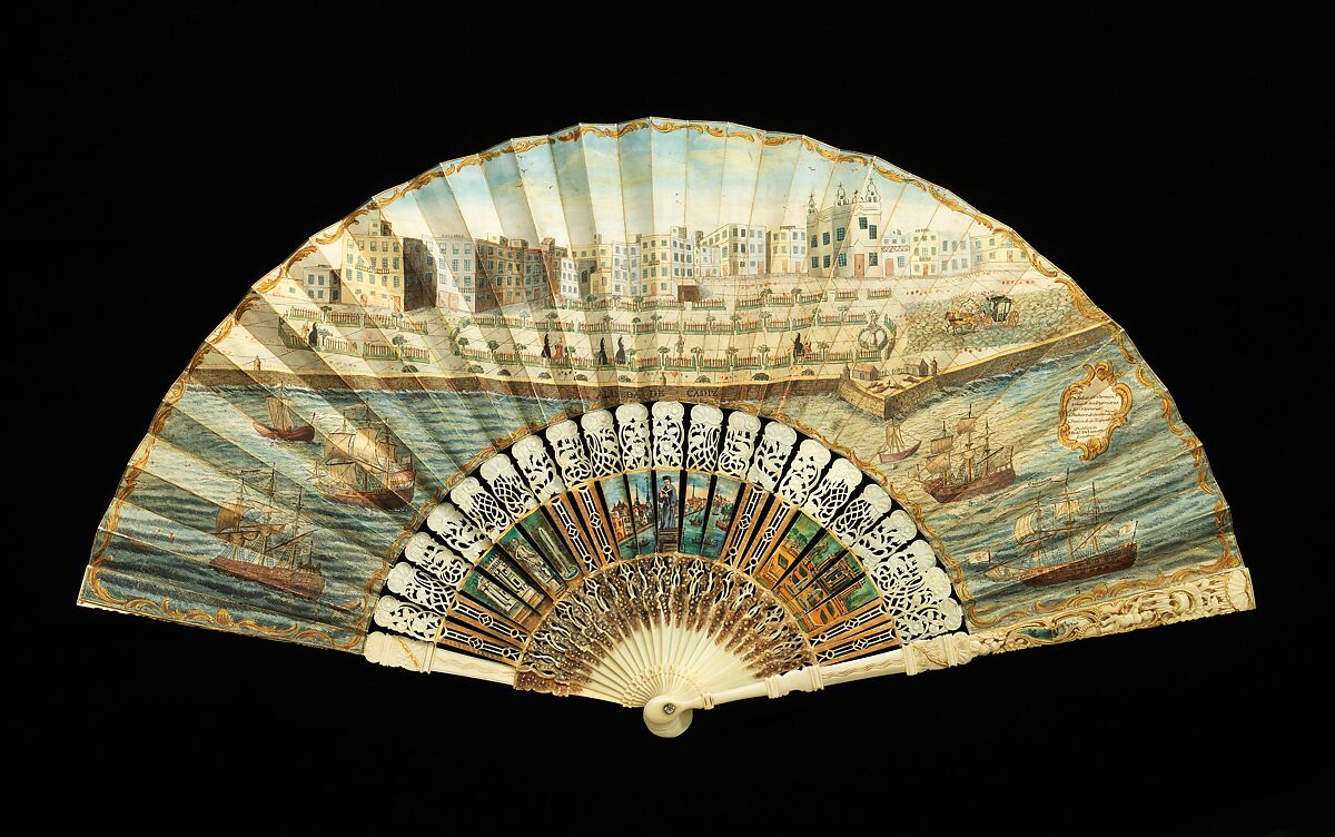 Fan, Robert Delamotte, ivory, paper, parchment, paint, glass, wood, British 