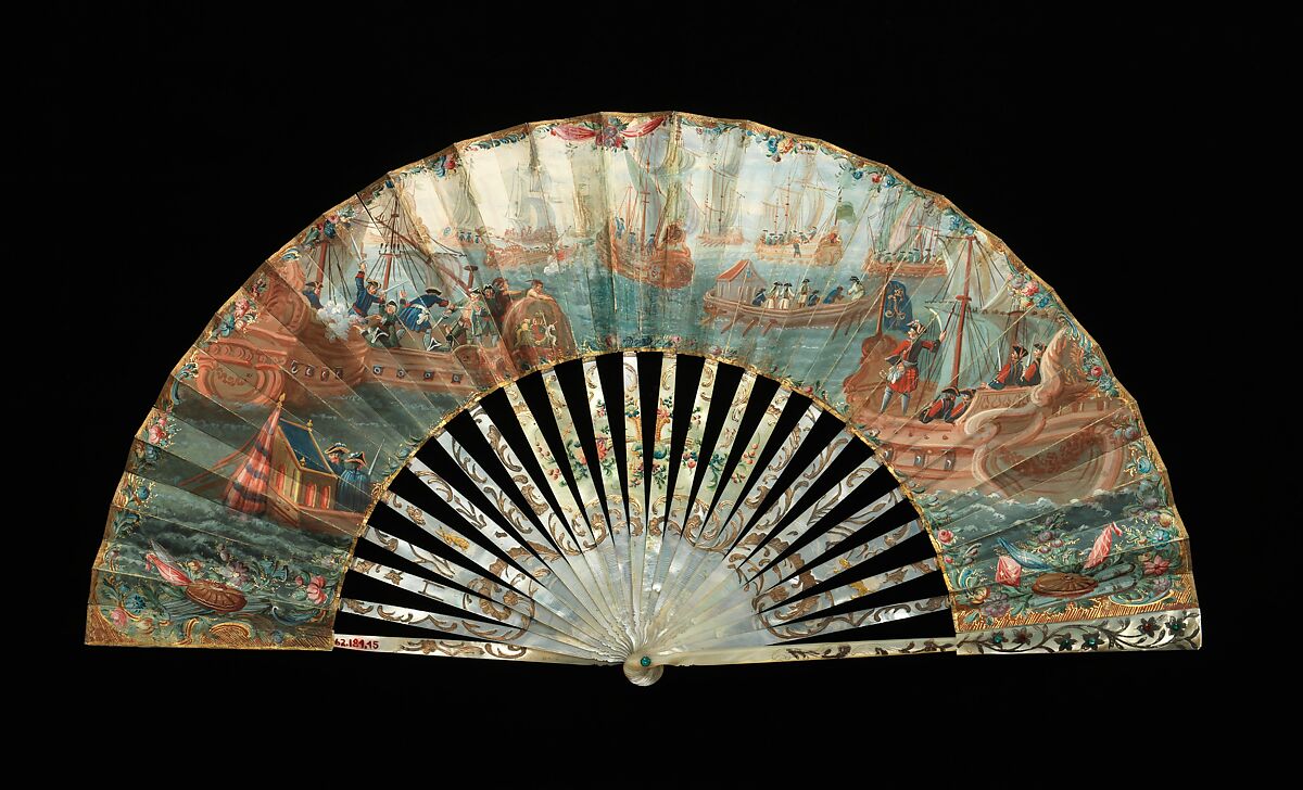 Fan, mother-of-pearl, paper, gouache, metal, probably French