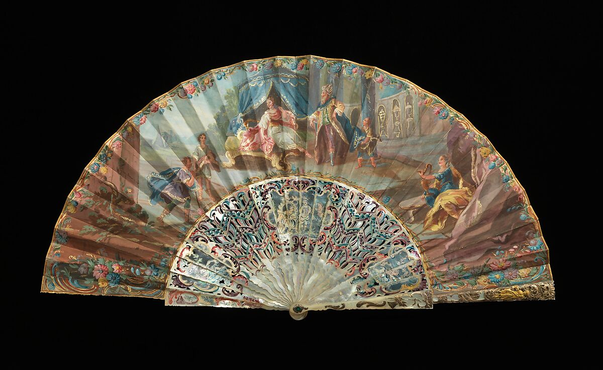 Fan, mother-of-pearl, metal, paper, gouache, French