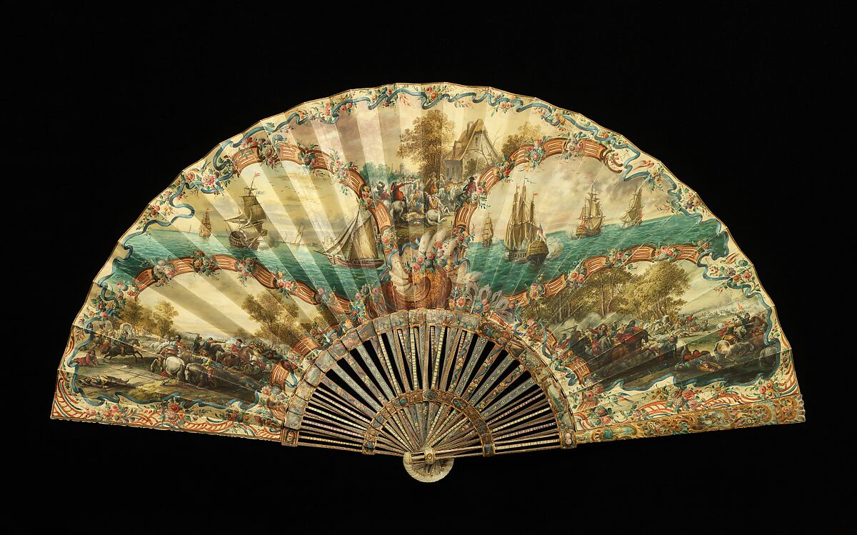 Fan, Carl Gustav Klingstedt (Swedish, 1657–1734), ivory, mother-of-pearl, parchment, gouache, paint, Dutch 