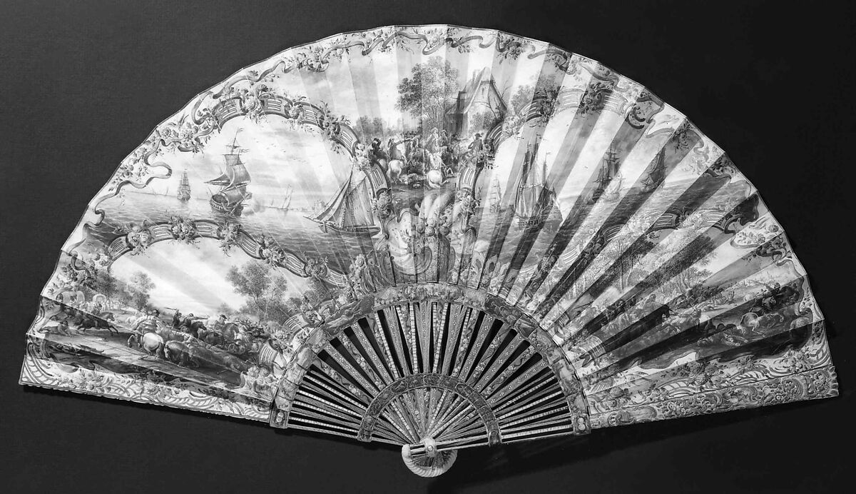 Fan, Carl Gustav Klingstedt (Swedish, 1657–1734), ivory, mother-of-pearl, parchment, gouache, paint, Dutch