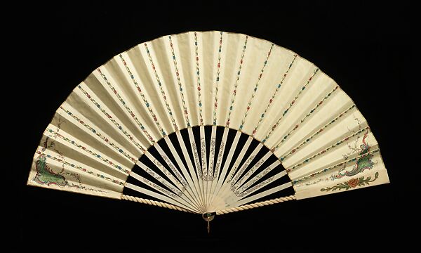 Fan, ivory, mother-of-pearl, tortoiseshell, paper, metal, gouache, European