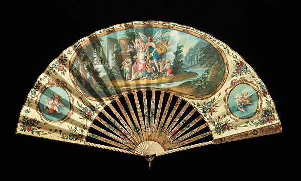 Fan, ivory, mother-of-pearl, tortoiseshell, paper, metal, gouache, European 