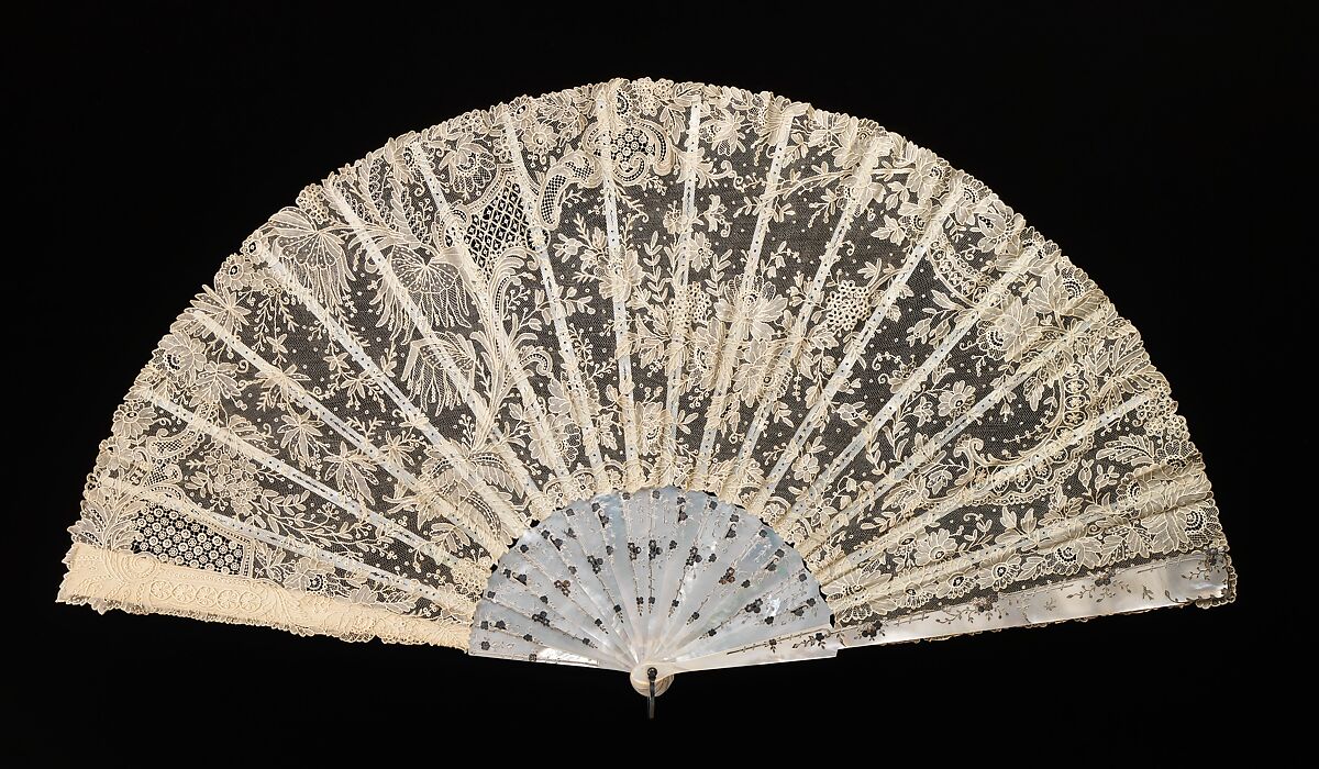 Fan, mother-of-pearl, metal, linen, probably French 