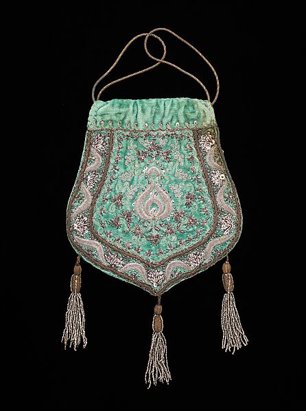 Evening pouch, silk, metal, French 