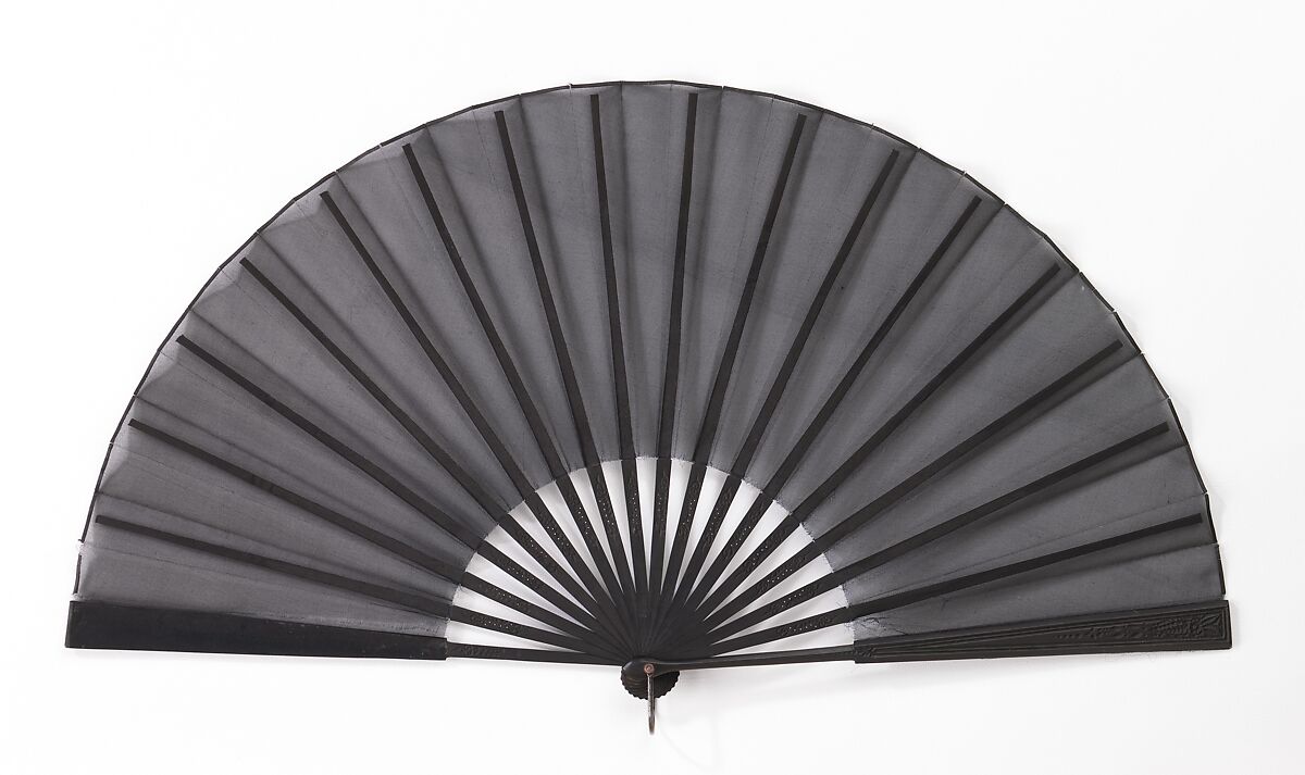 Mourning fan, wood, silk, mother-of-pearl, metal, American 