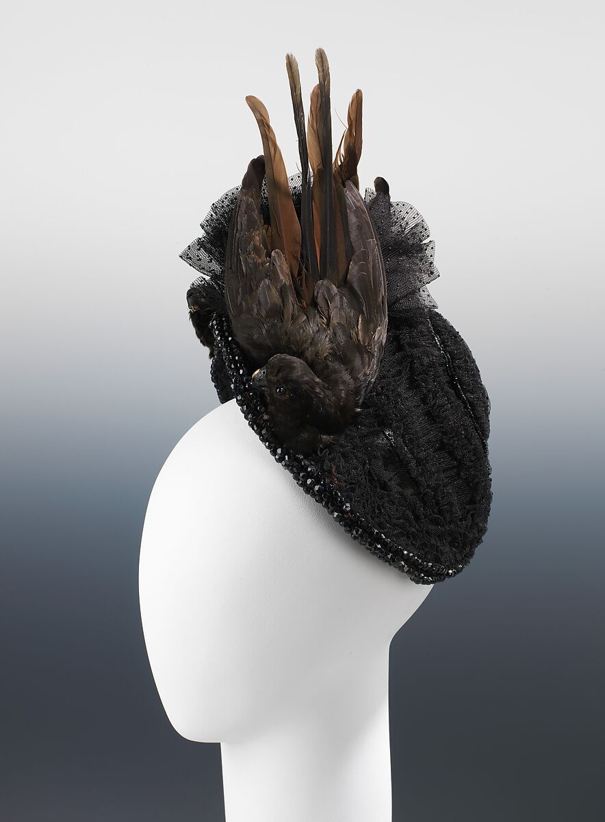 Evening bonnet, silk, birds, feathers, jet, probably French 