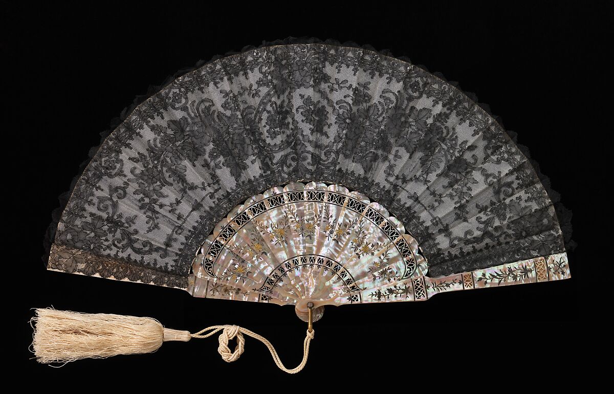Fan, mother-of-pearl, ivory, silk, metal, glass, French 