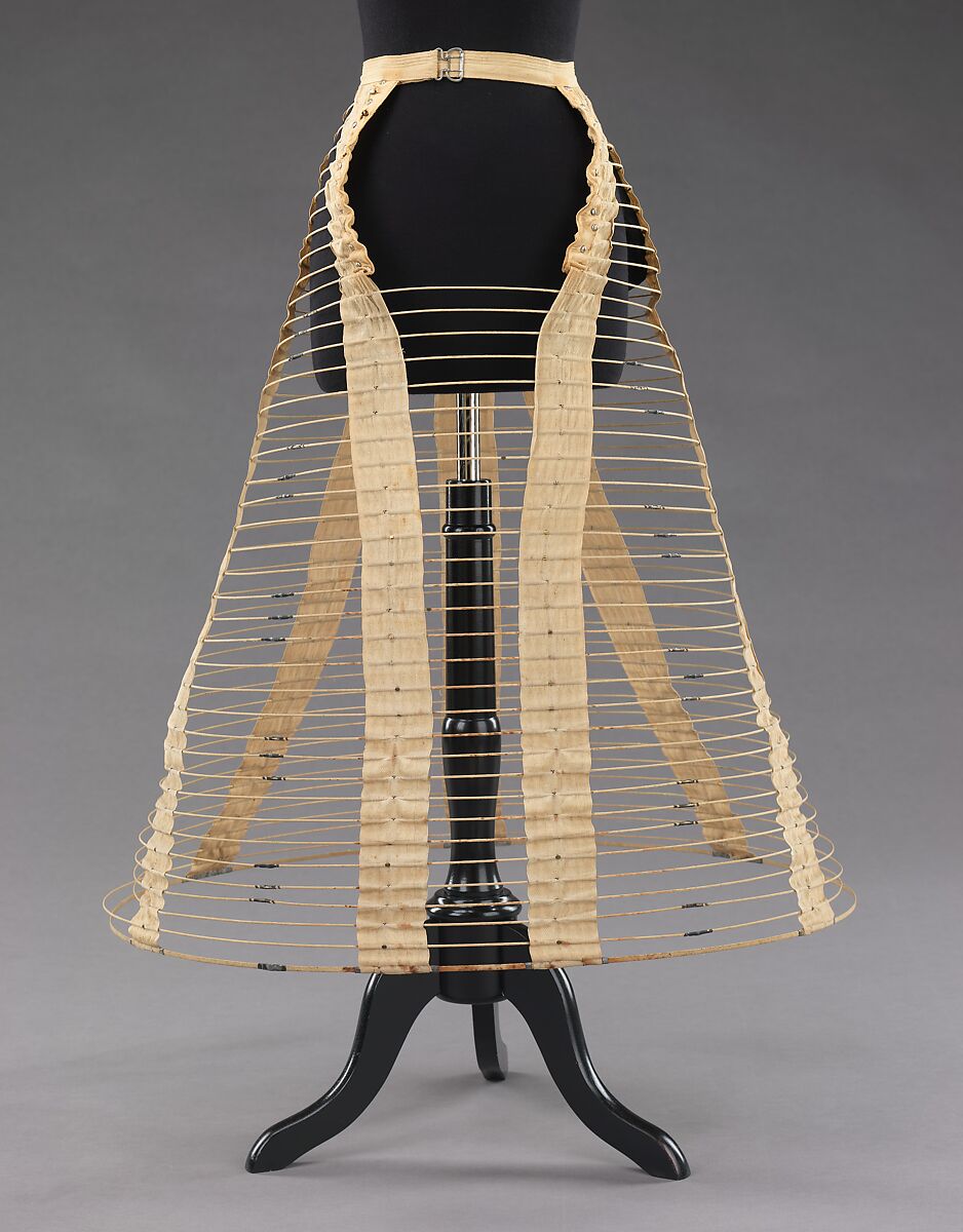 Cage crinoline, linen, metal, leather, American 