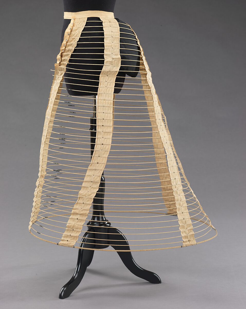 Cage crinoline, linen, metal, leather, American