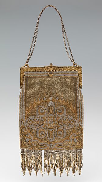 Evening purse, metal, linen, silk, French 