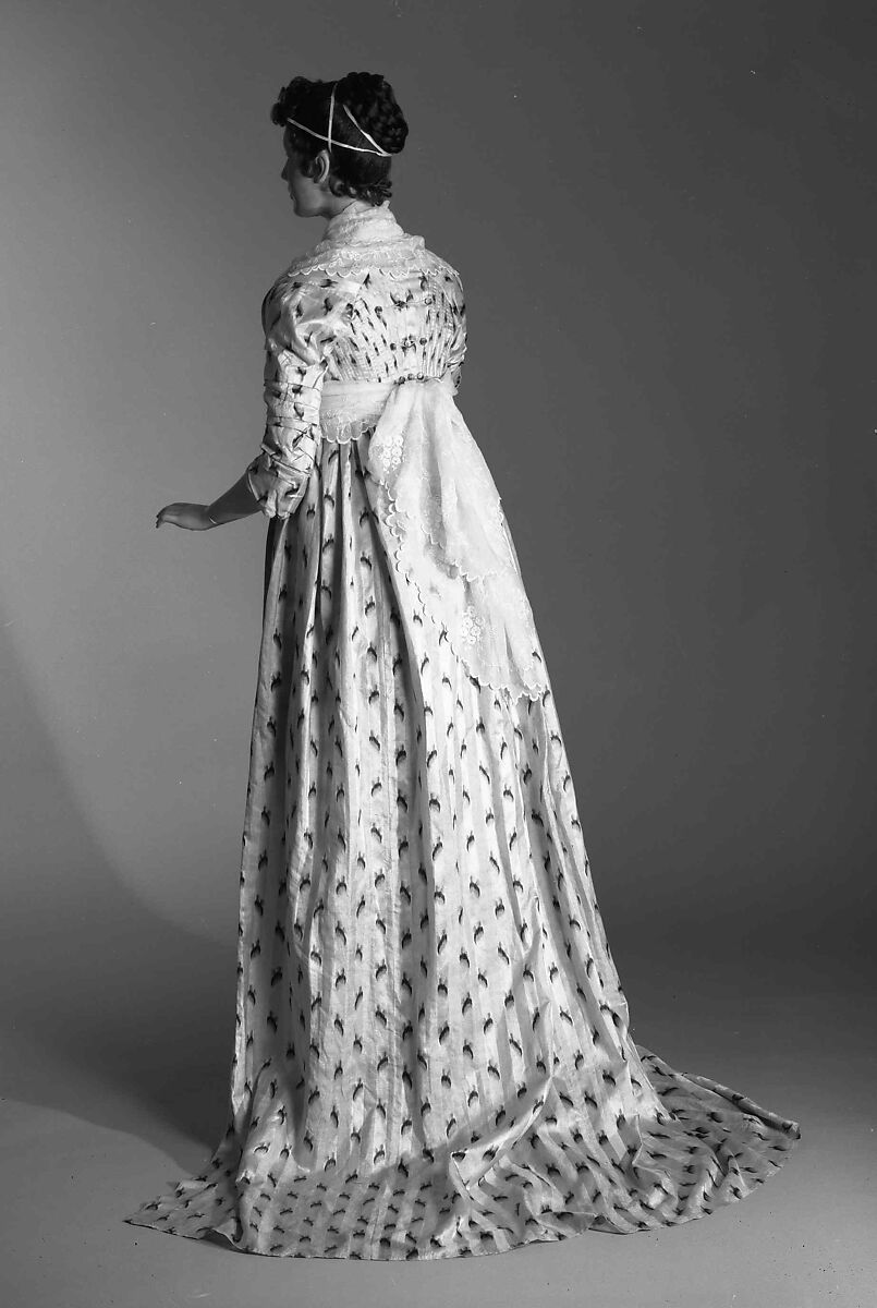 Evening overdress, silk, linen, British