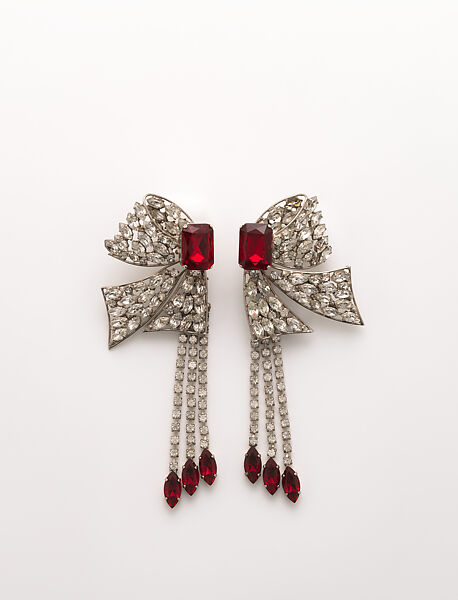 Earrings, Yves Saint Laurent (French, founded 1961), glass, rhinestones, metal, French 
