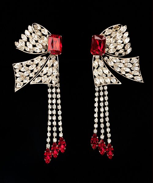 Earrings, Yves Saint Laurent (French, founded 1961), glass, rhinestones, metal, French
