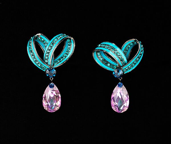 Earrings, Yves Saint Laurent (French, founded 1961), metal, glass, rhinestones, French 