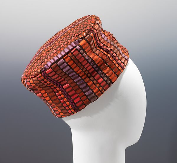 Pillbox hat, JL Arbiter, synthetic, wool, silk, American 