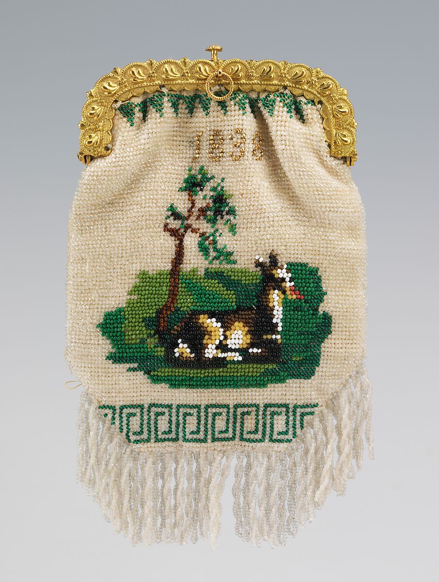 Bag, glass, linen, metal, American