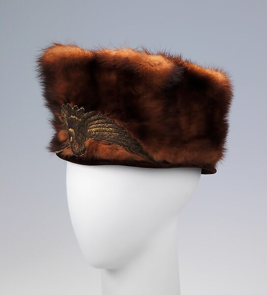 Toque, Louise &amp; Company, silk, fur, metal, American 