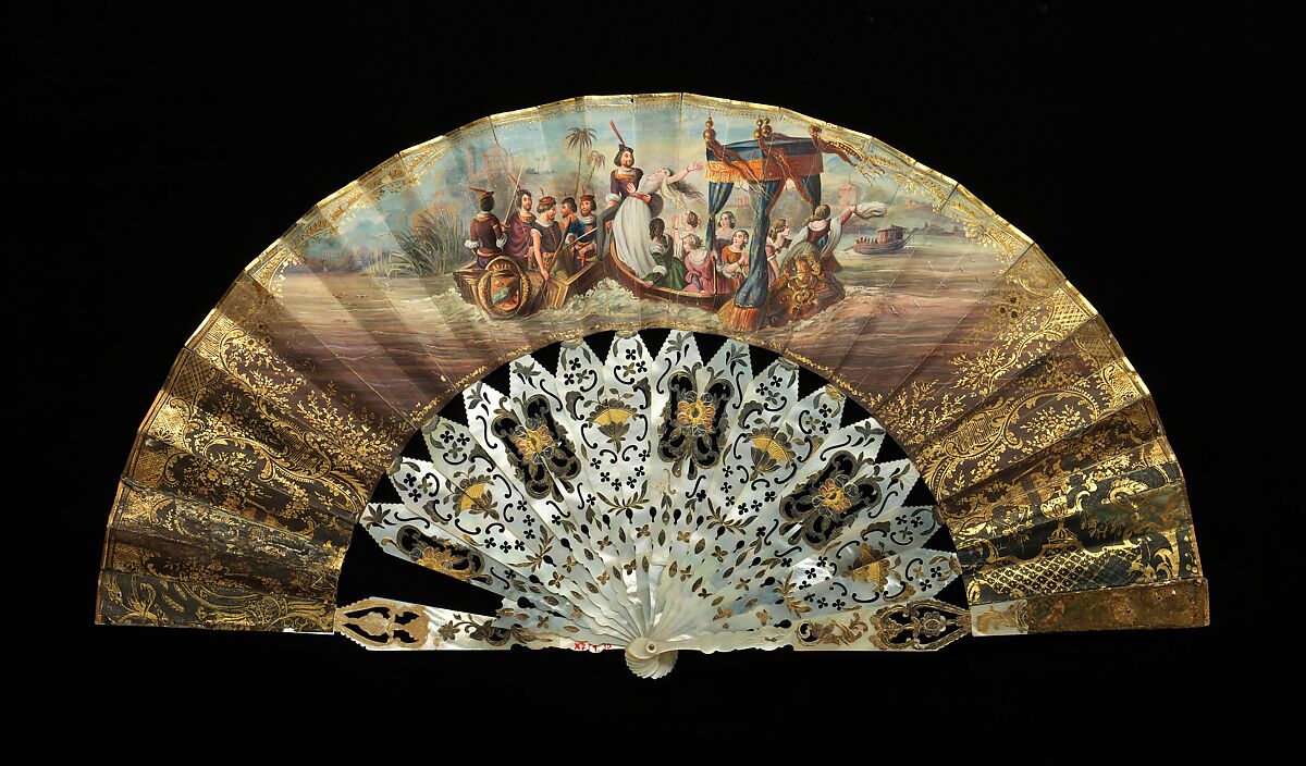 Fan, mother-of-pearl, paper, gouache, metal, probably French 