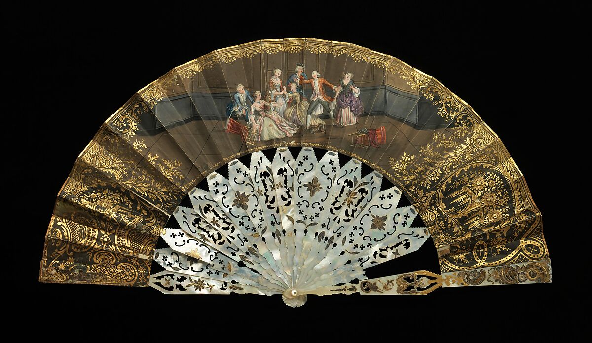 Fan, mother-of-pearl, paper, gouache, metal, probably French
