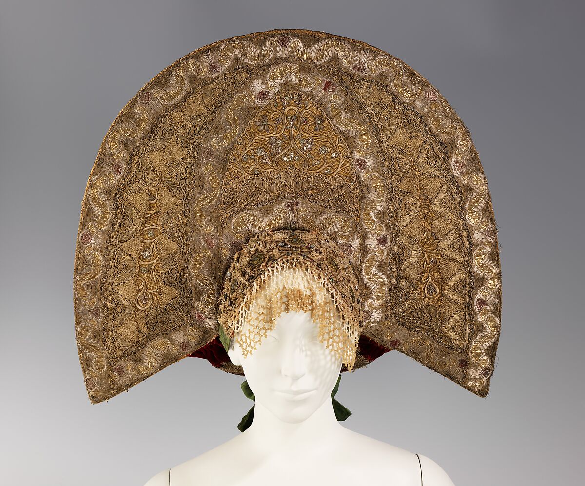 Headdress, metal silk, paper, cotton, metal, mother-of-pearl, glass, semi-precious stones, Russian 