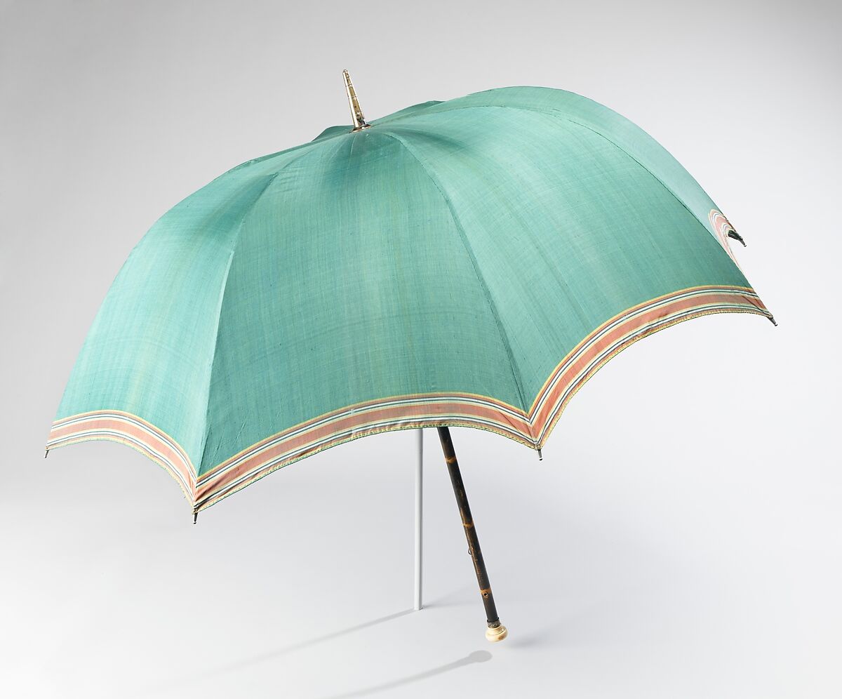 Umbrella, silk, wood, metal, ivory, leather, American 