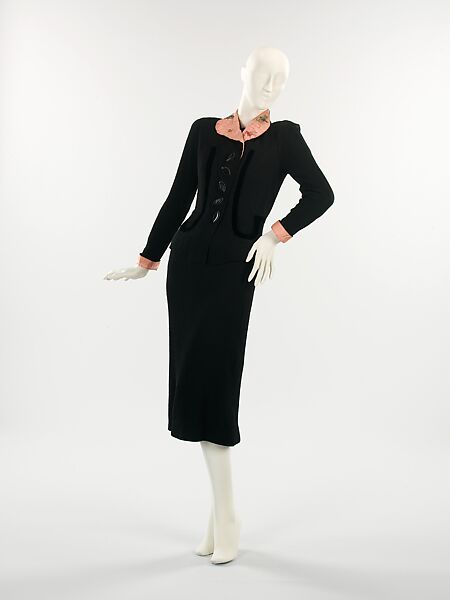 Suit, Schiaparelli  French, rayon, silk, plastic (cellulose acetate, cellulose nitrate), French